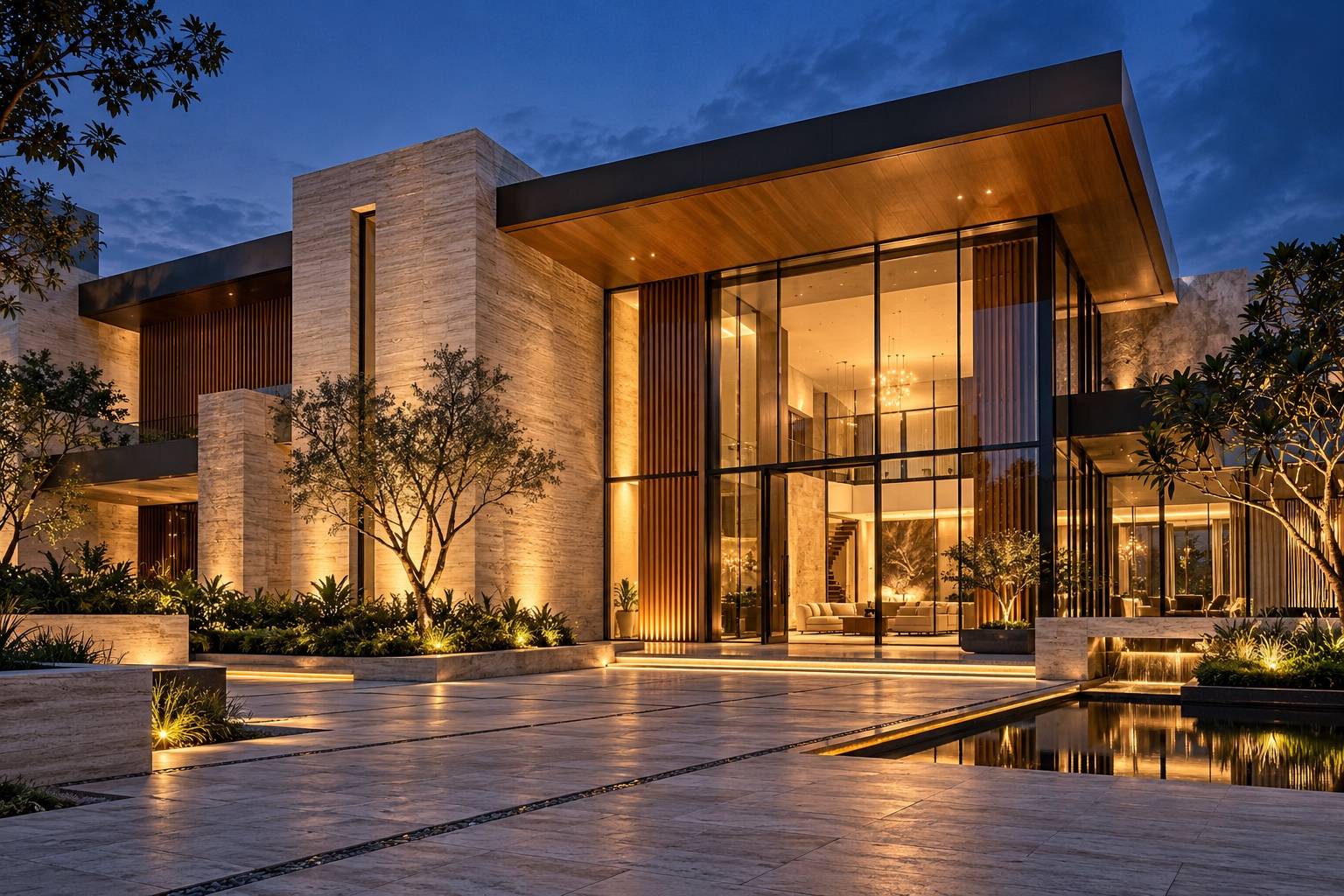 Architectural concept of a contemporary stone and glass residence, illuminated against a blue-hour sky