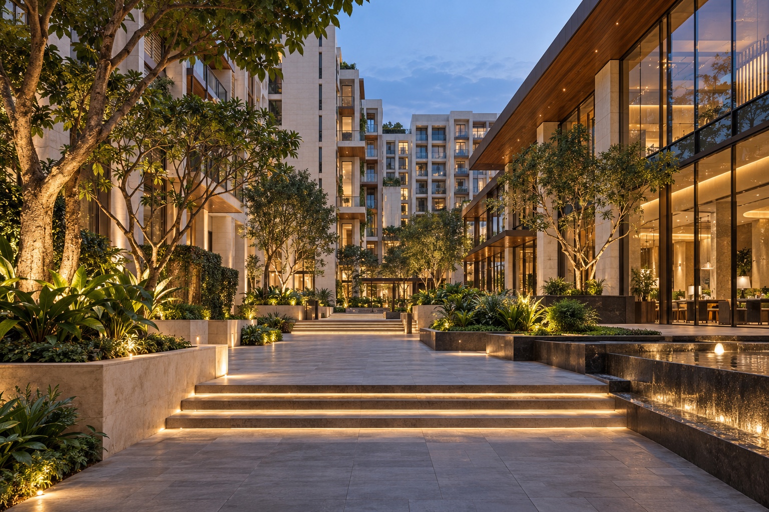 Architectural concept of residences and glass-fronted commercial spaces around a landscaped courtyard at dusk